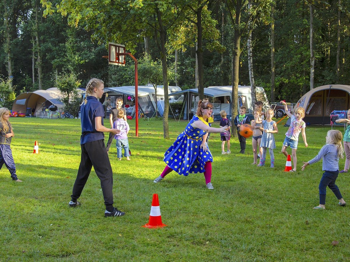 Kinderen spelen een balspel op het speelveld met de animatieleiding
