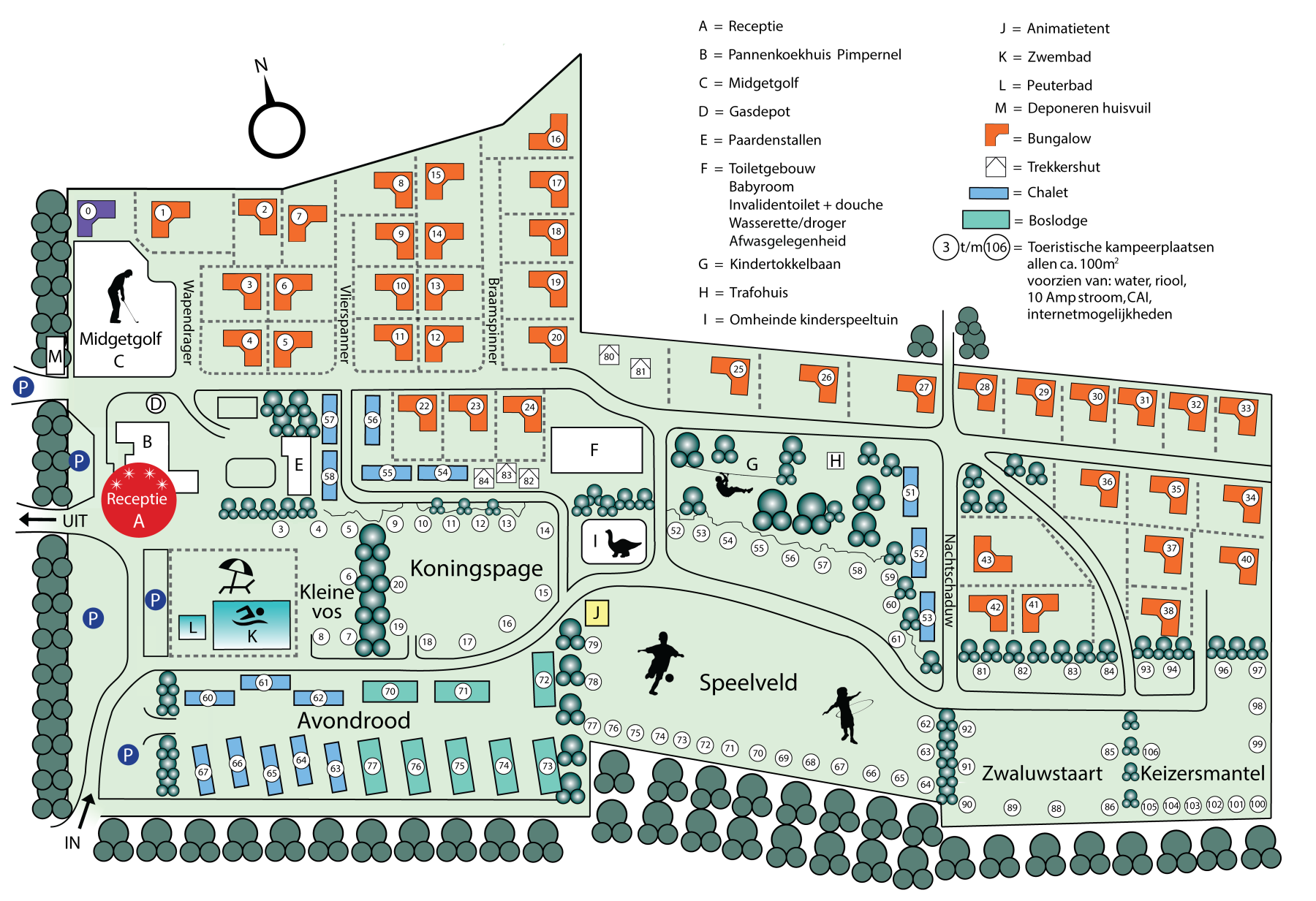 Plattegrond van Camping De Hooghe Heide met de velden, de genummerde kampeerplaatsen, het zwembad, de speeltuin en de gebouwen