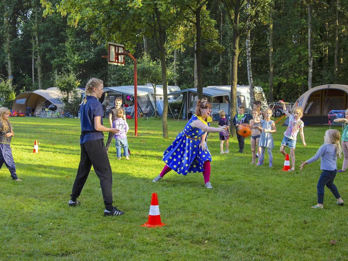 Kinderen spelen een balspel op het speelveld met de animatieleiding